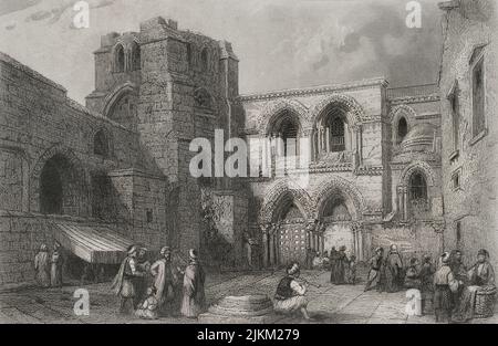 Histoire d'Israël. Jérusalem. Entrée à l'église du Saint-Sépulcre. Gravure. 'Historia Universal', par César Cantú). Volume III, 1855. Banque D'Images