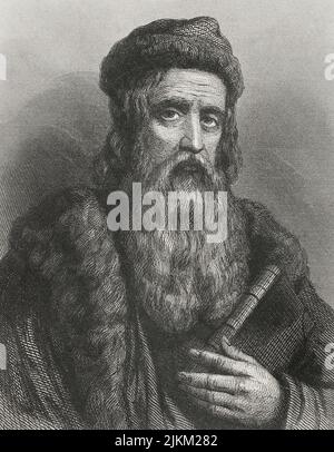 Johannes Gutenberg (env. 1399-1468). Inventeur allemand. Vers 1450, il crée la première presse d'impression mobile. Portrait. Gravure par Geoffroy. 'Historia Universal', par César Cantú. Volume IV, 1856. Banque D'Images