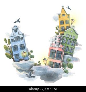 Une couronne, un cadre avec de jolies maisons européennes dans les nuages. Illustration aquarelle. Pour la conception et la décoration de livrets et guides touristiques Banque D'Images