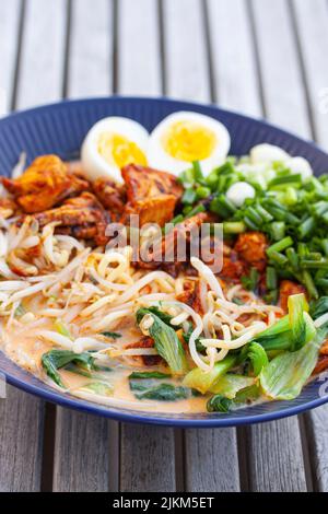 Soupe de ramen japonais avec nouilles, poulet, œuf, ciboulette, oignon de printemps, bok choy et sprout. Mise au point sélective et faible profondeur de champ. Banque D'Images