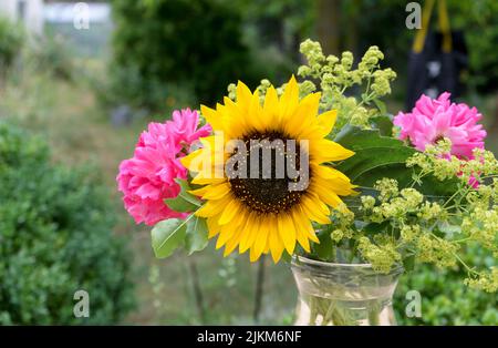 Bouquet de roses roses roses et de tournesol Banque D'Images