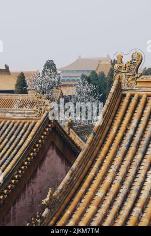 A vertical shot of the roofs of old Asian temples under the clear sky Banque D'Images