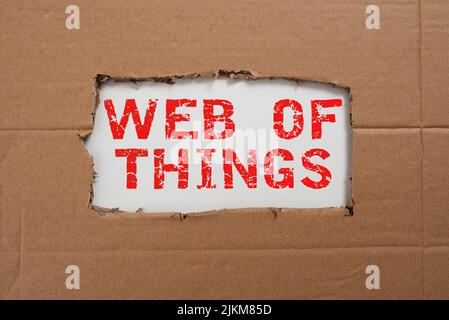 Affiche affichant Web of Things. Mot pour la technologie Internet en ligne communication moderne de service de données importantes informations écrites en dessous rip Banque D'Images