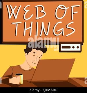 Affichage conceptuel Web des objets. Vitrine d'affaires technologie Internet en ligne communication moderne de service de données Man Holding Cup, regarder sur le Tour Top Banque D'Images