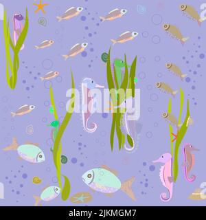 coquillages colorés et hippocampes sans coutures sans arrière-plan Banque D'Images