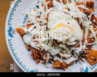 chilaquiles rojos petit-déjeuner mexicain sur une assiette fleurie bleue et blanche Banque D'Images