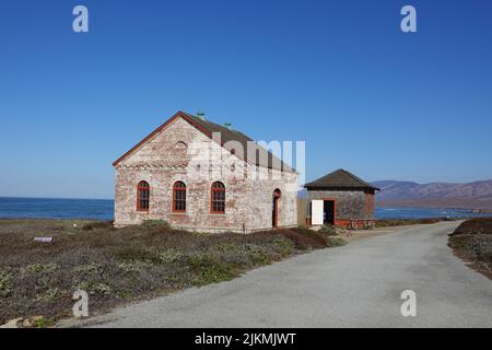 A view of an Original Fog Horn House for Piedras Blancas Lighthouse in San Simeon, California Stock Photo