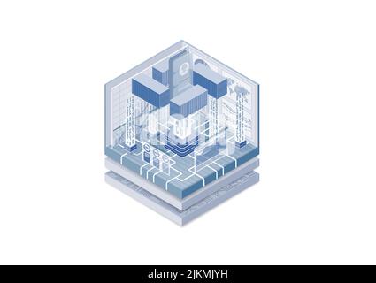 Illustration vectorielle isométrique 3D d'un smartphone et de conteneurs. CONCEPT INFORMATIQUE de conteneurisation. Illustration de Vecteur