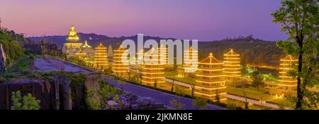 The panoramic view of Fo Guang Shan Buddha Museum illuminated in the evening. Taiwan. Stock Photo