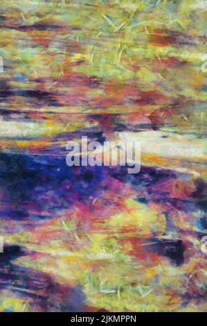 An abstract oil painting on canvas in yellow, blue, red Stock Photo