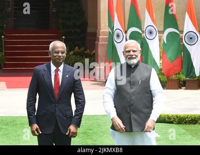 New Delhi, Inde. 02nd août 2022. NEW DELHI, INDE - AOÛT 2 : le président des Maldives, Ibrahim Mohamed Solih, et le premier ministre Narendra Modi, à la maison d'Hyderabad sur 2 août 2022, à New Delhi, en Inde. Solih est arrivé en Inde à l'invitation du Premier ministre Modi et les deux dirigeants devraient revoir les dirigeants qui devraient examiner les progrès réalisés dans le partenariat de grande envergure entre les deux pays. Il est accompagné d'un haut fonctionnaire et d'une délégation d'affaires. (Photo par Arvind Yadav/Hindustan Times/Sipa USA) crédit: SIPA USA/Alay Live News Banque D'Images