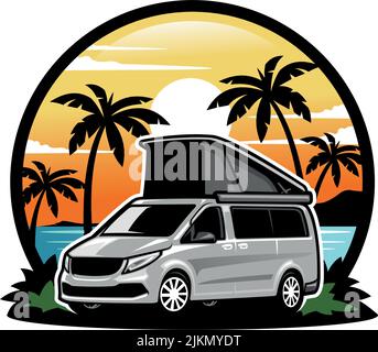 Une icône avec une fourgonnette sur fond d'été avec le soleil, la mer et les palmiers. Le concept de voyage et de vacances. Idée pour un logo d'agence de voyage Illustration de Vecteur
