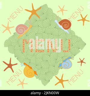 carte postale composée d'escargots, d'étoiles de mer et de coquillages colorés pour la conception du menu pour enfants Illustration de Vecteur