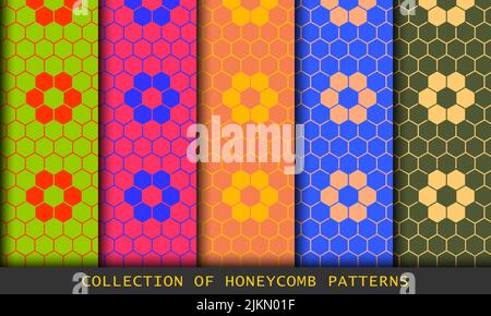 Ensemble de motifs géométriques à motif nid d'abeilles aux couleurs vives. Conception géométrique abstraite hexagons Illustration de Vecteur