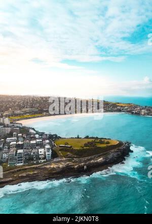 A vertical aerial shot of the beautiful Bondi Beach, Sydney, Australia Stock Photo