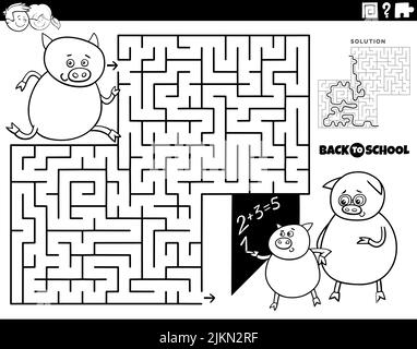 Dessin animé noir et blanc illustration du jeu éducatif de puzzle de labyrinthe pour les enfants avec l'élève de pigeon courant à la page de livre de coloriage d'école Illustration de Vecteur