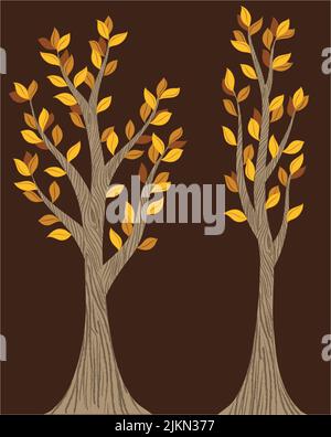 Illustration vectorielle d'une paire d'arbres d'automne à feuillage orange et jaune. Illustration de Vecteur
