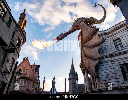 A beautiful shot of a fire breathing dragon in Diagon Alley at universal Studios in Orlando, Florida Stock Photo