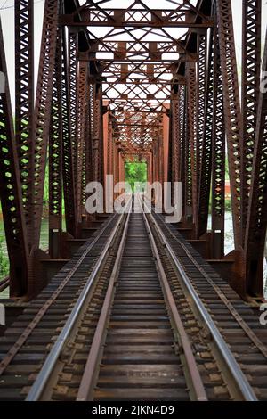 The sun shining on a train trestle in spring time with newly grown foliage surrounding the structure Stock Photo