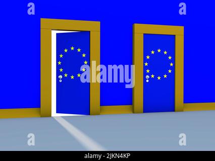 A 3D rendering with two doors with the European Union flags on a blue wall Banque D'Images