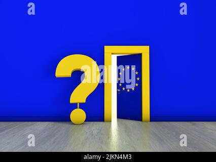 A 3D rendering with two doors with the European Union flag and a question mark Banque D'Images