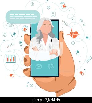 Le médecin est au téléphone appelez un médecin consultation du médecin en ligne. Analyses de laboratoire en ligne Affichez des vidéos ou des discussions vidéo avec l'illustration Doctor Vector Illustration de Vecteur