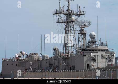 The Frigate Queen Sofia (f 84) of the Spanish Navy in the sea under cloudy sky Stock Photo