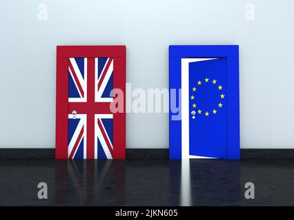 A Brexit-themed 3D rendering of a room with two doors with the UK and EU flags Banque D'Images