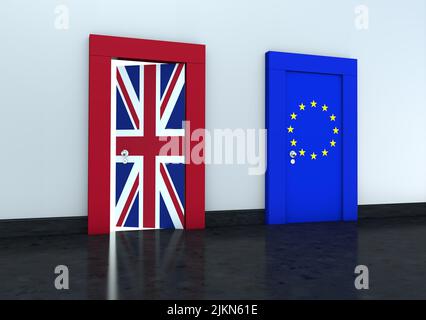 Un rendu de 3D sur le thème du Brexit avec deux portes, les drapeaux de l'Union européenne et de la Grande-Bretagne sur fond gris Banque D'Images