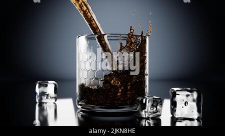 Un gros plan de verre avec du whisky et des glaçons sur la table, sur fond gris Banque D'Images