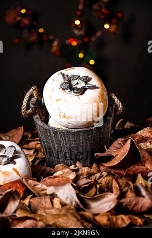 The beautiful autumn decoration with persimmon fruits in the basket and dry leaves in the studio Stock Photo