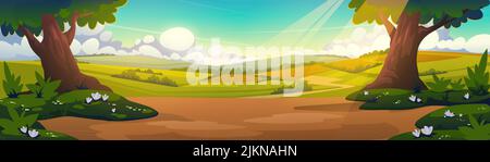 Paysage de la nature de dessin animé, forêt ensoleillée d'été fond panoramique avec des arbres verts, fleurs blanches et champ rural sous ciel bleu avec des poutres de soleil, paysage boisé, illustration vectorielle Illustration de Vecteur