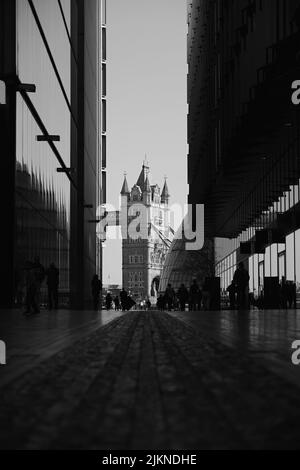 A vertical grayscale shot of the modern buildings and Tower Bridge in the distance in London Stock Photo