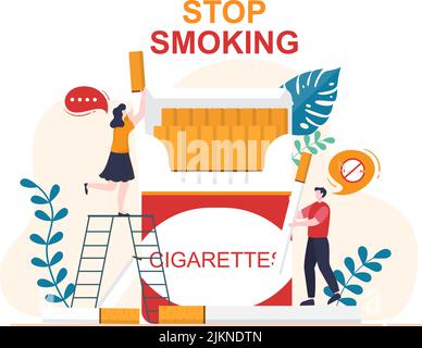 Arrêter de fumer ou pas de cigarettes pour lutter contre l'habitude malsaine de fumer, médical et comme un avertissement précoce dans l'illustration de dessin animé à plat Illustration de Vecteur