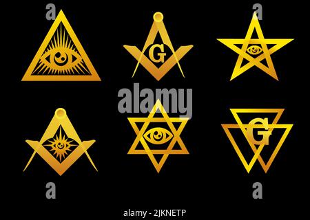 Définir le symbole maçonnique. Icônes vectorielles Golden Flat. Illustration de Vecteur