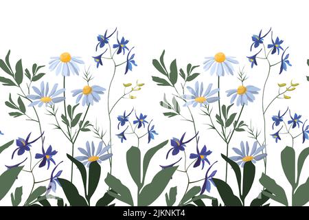 Motif fleuri vectoriel sans couture, bordure. Illustration panoramique horizontale avec fleurs sauvages et de prairie et herbes sur fond blanc. Illustration de Vecteur