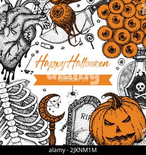 Affiche Happy Halloween Dotwork. Illustration vectorielle du concept d'esquisse de tatouage dessiné à la main. Illustration de Vecteur