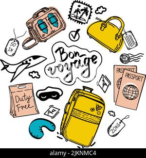 Ensemble d'objets pour le voyage, le vol, dessinés à la main dans un style d'esquisse. Inscription dessinée à la main. Illustration vectorielle. Grande valise, passeports, bagages à main, v Illustration de Vecteur