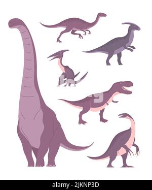 Ensemble de dinosaures carnivores et herbivores anciens. Sauropode, tyrannosaurus rex, thérizinosaurus, ptérosaure. Lézard éteint de la période jurassique. Illustration de Vecteur