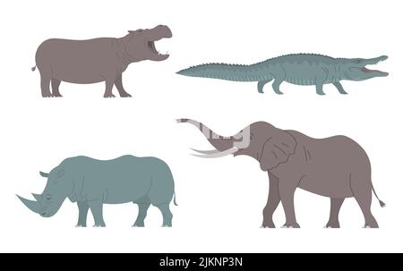 Animaux africains. Éléphant, hippopotame, rhinocéros et crocodile. Animal sauvage de Savannah. Zoologie cognitive. Illustration vectorielle plate isolée sur W Illustration de Vecteur