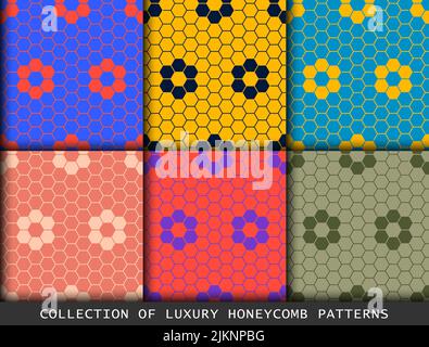 Ensemble de motifs géométriques à motif nid d'abeilles aux couleurs vives. Conception géométrique abstraite hexagons Illustration de Vecteur