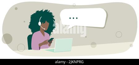 Une femme du centre d'appels travaillant et parlant au téléphone tout en tapant sur l'ordinateur. Assistance clientèle. Contactez-nous concept. Modèle d'illustration vectorielle. Illustration de Vecteur