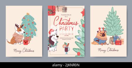Ensemble de cartes de Noël avec de jolis chiens de différentes races. Cartes de vœux vectorielles et invitation à la fête dans un style plat. Personnages de dessins animés : Bull terrier, husky et pug en costumes de fête. Lettrage Noël Illustration de Vecteur