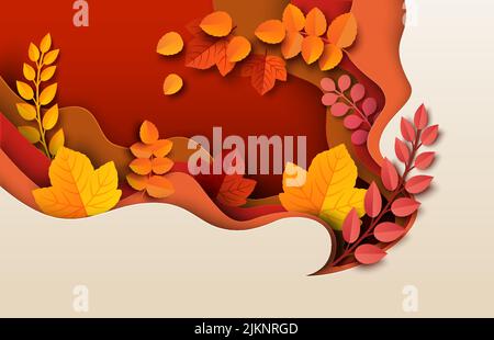 Arrière-plan coupé en papier d'automne. Affiche de style art origami d'automne avec illustration de feuilles d'arbre et de branches. Décoration de feuillage créative avec publicité ou pro Illustration de Vecteur