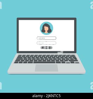 Formulaire de connexion sur l'écran de l'ordinateur portable. Formulaire de connexion et de mot de passe. Utilisateur de connexion au compte. Connectez-vous au compte. Champs de nom d'utilisateur et de mot de passe pour l'autorisation Illustration de Vecteur