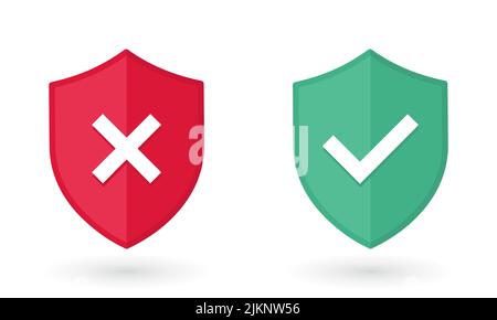 Bouclier vert avec coche et bouclier rouge avec icônes de croix. Symboles sur le rejet ou la confirmation de l'action Illustration de Vecteur