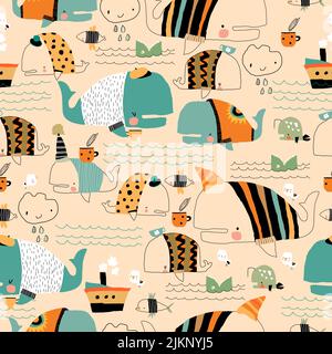 Motif sans couture avec dessin animé baleines amusantes portant des pulls Illustration de Vecteur