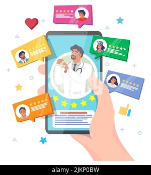 Scénario de classement en ligne du travail des médecins d'évaluation des clients. Le patient laisse une illustration de revue positive. Téléphone mobile en dessin animé main humaine. Client Illustration de Vecteur