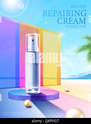 3d modèle d'annonce de maquillage tropique d'été. Bouteille d'essence bleu argent sur le podium avec mur en verre coloré et paysage de plage. Illustration de Vecteur