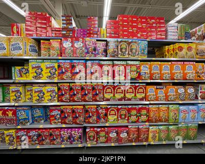 The shelves of cereals in a Walmart shop Stock Photo